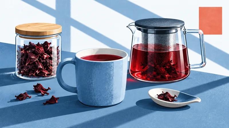 A blue mug and glass brewing jug of ruby hibiscus infusion beside a dry-ingredient jar and white spoon rest.