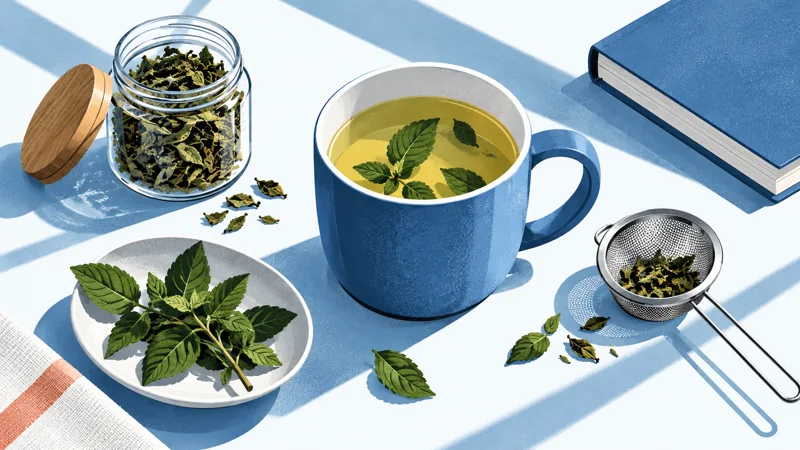 An overhead still life of a blue mint-tea mug, dry-leaf jar, fresh mint on a dish, mesh strainer and closed book.